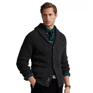 Polo by Ralph Lauren Aran Knit Shawl Collar Cardigan In Wool Cashmere Blend